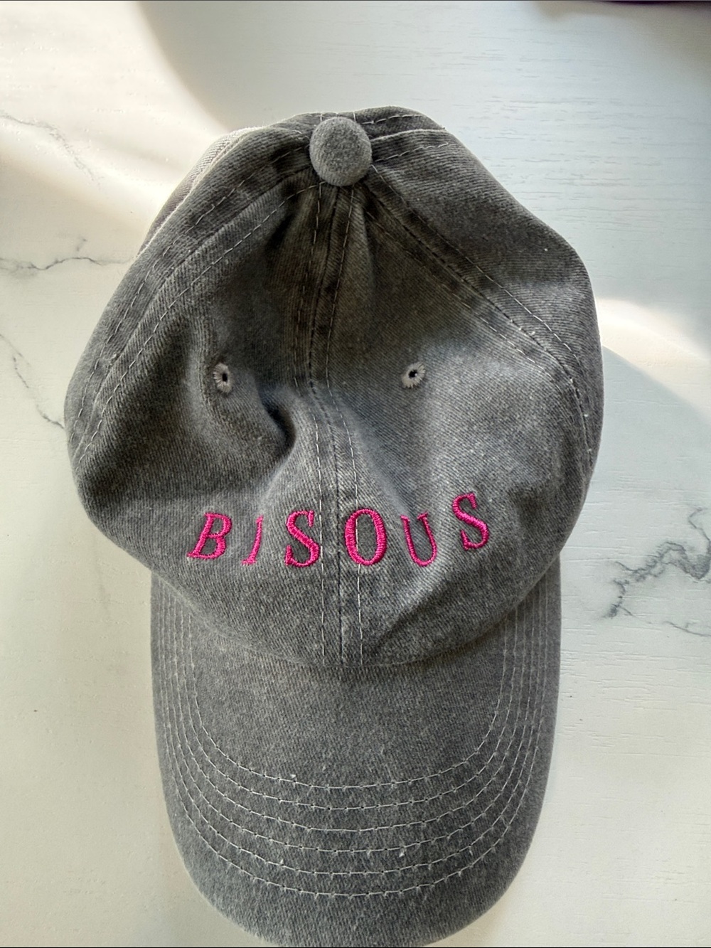 Grey 'BISOUS' Embroidered Baseball Cap NWT Never Worn